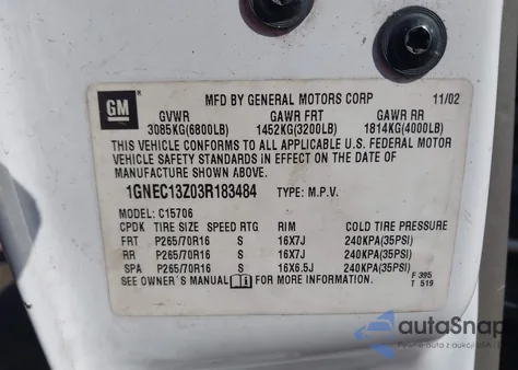 2003 Chevrolet Tahoe Lt z USA, uszkodzony, nr VIN 1GNEC13Z03R183484